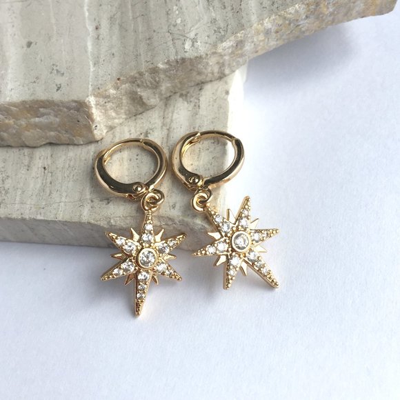 JPeace Designs Jewelry - CZ stone Gold Starburst huggie Earrings